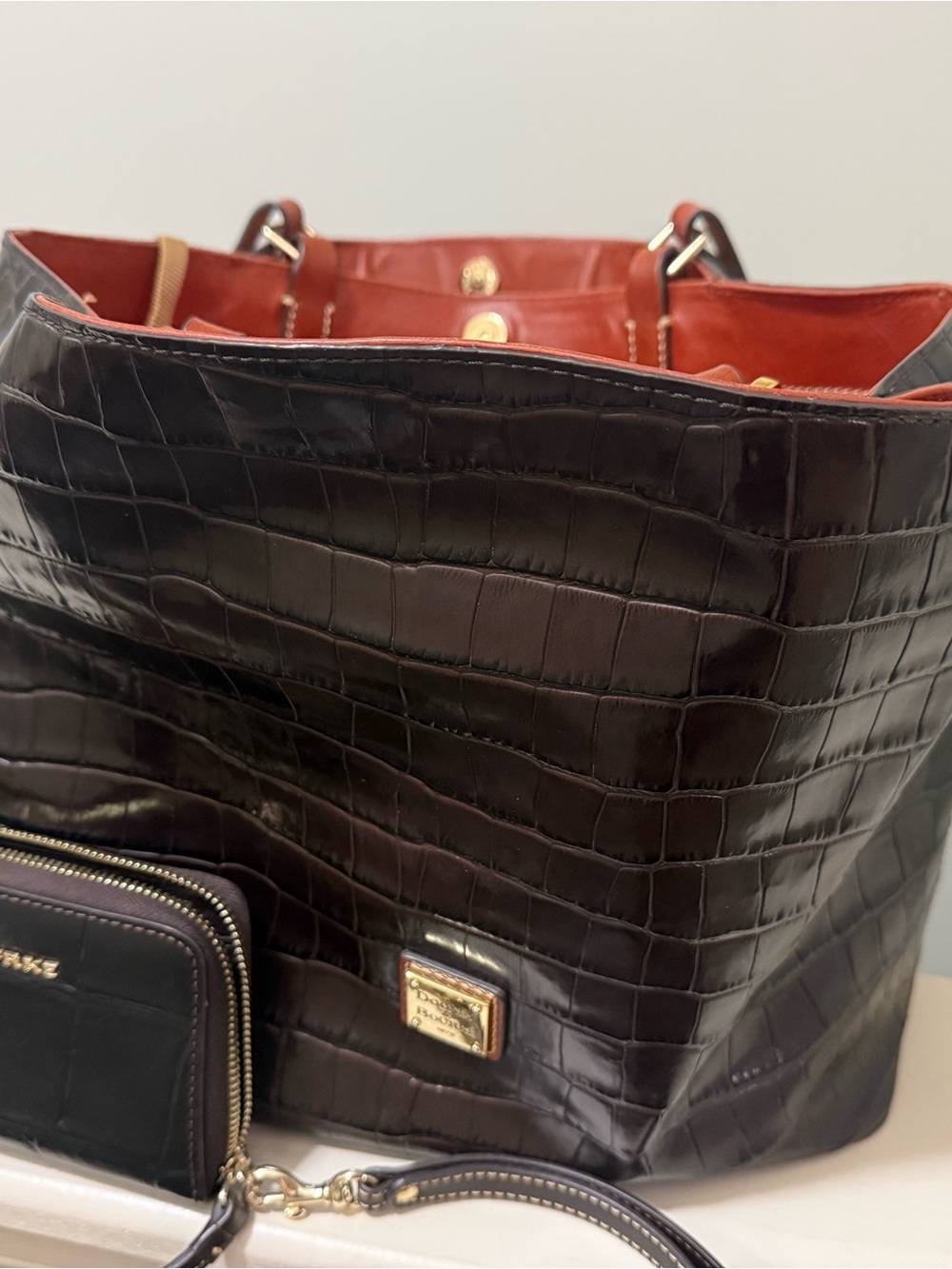 Dooney & Bourke Espresso Croc-Embossed Tote with Red Interior with wallet - Picture 3 of 3